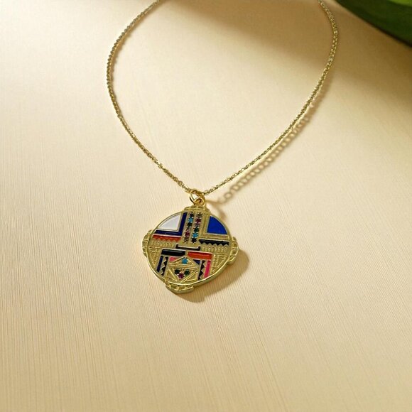 18KT Gold Filled CZ Micro Pave Enamel Medallion Necklace Shield Necklace - Picture 4 of 10